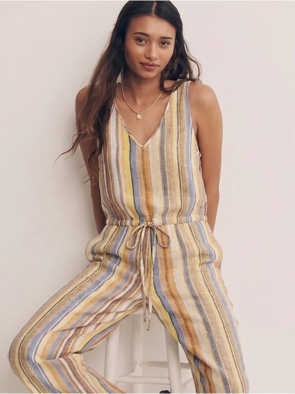 Drew Anthropologie Linen Blend Striped Yellow V Neck Jumpsuit Size Small Resort